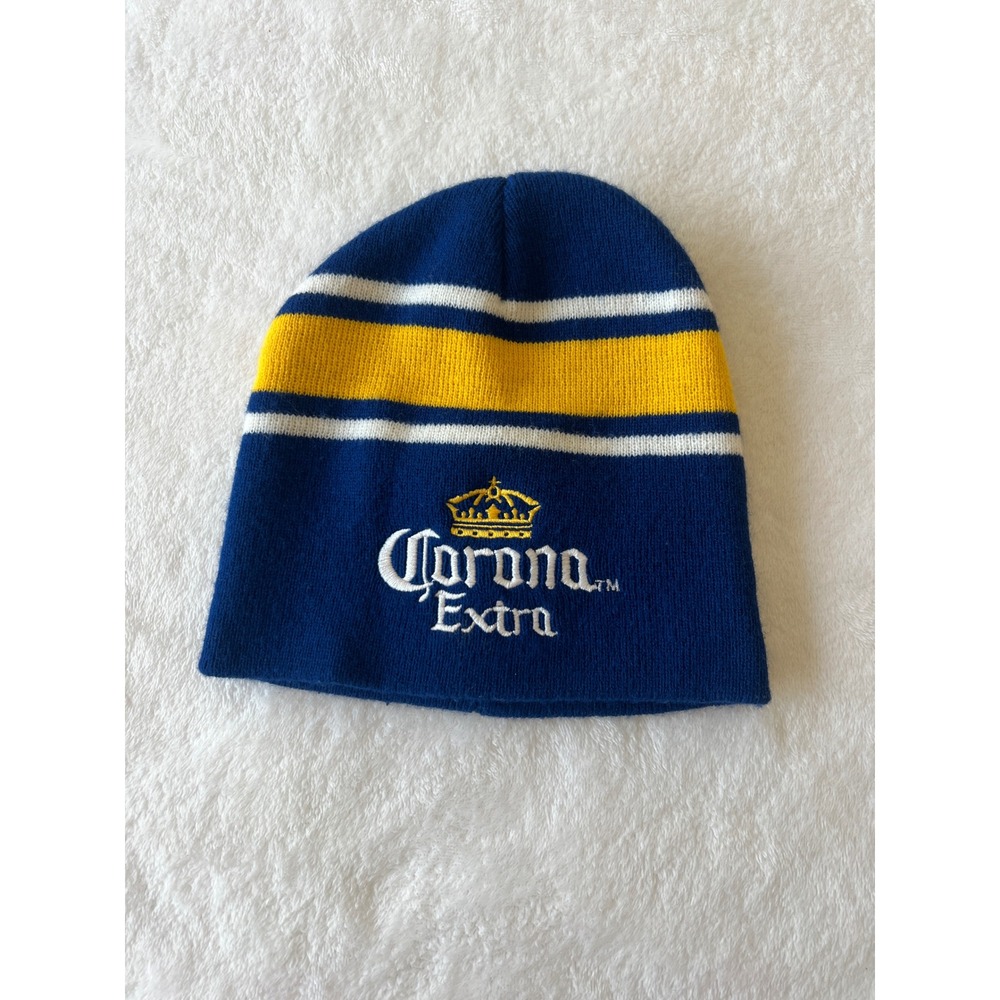Corona Extra Beanie Knit Hat Blue Yellow Striped Embroidered Logo Brewery Merch
